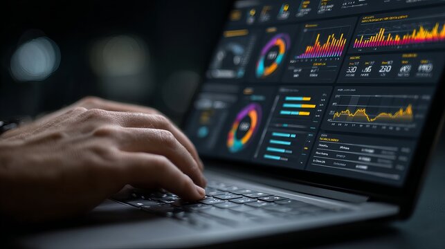 A person analyzing data on a laptop with colorful graphs and charts