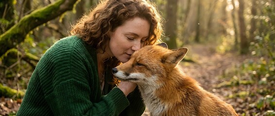 Fototapeta premium Young woman with curly hair in green sweater cuddling with red fox in forest setting. Wildlife conservation and animal care concept for nature lovers.