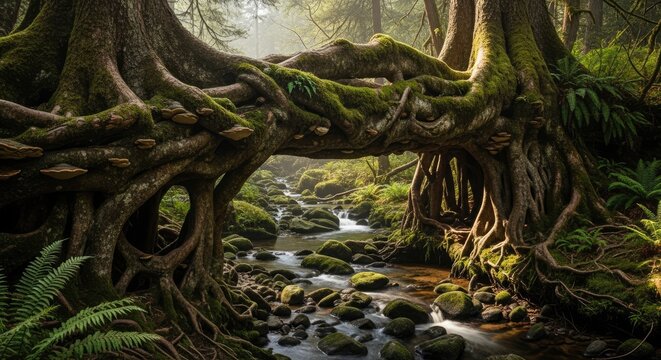 Ancient trees form natural bridge over flowing river in lush forest scene