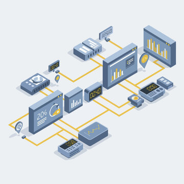 Isometric Network of Digital Devices and Data Visualization Elements.
