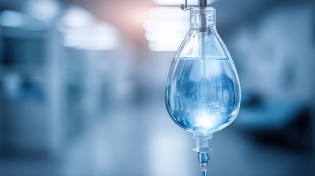 Close-up of a partially filled intravenous drip bag with clear fluid, suspended in a medical setting