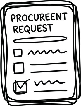 Hand drawn document illustrating a procurement request form with check boxes and handwritten text lines