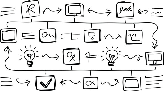 Hand drawn business workflow diagram showing connected blocks and lightbulbs representing complex problem solving and strategy
