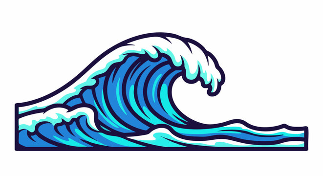 A stylized illustration of a powerful ocean wave breaking with white foam and blue water.