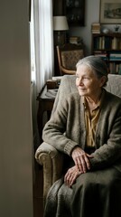 Fototapeta premium Senior Caucasian woman in cozy cardigan sitting thoughtfully in armchair by window in warm home library setting with books and natural light.