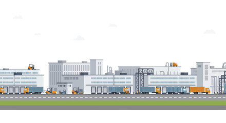 Obraz premium Industrial factory buildings with trucks and loading docks.