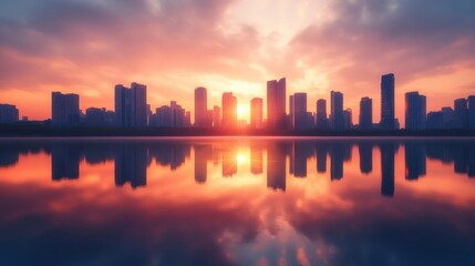 Fototapeta premium City Skyline Reflected in Calm Water at Sunrise