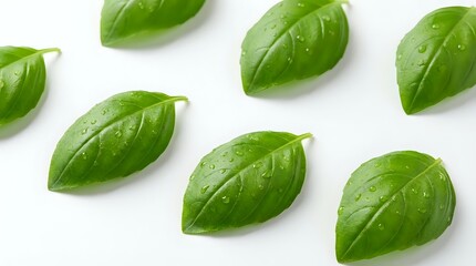 Obraz premium Fresh green basil leaves with water droplets isolated on white background for culinary and cooking designs.