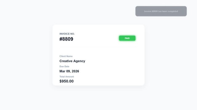 Creative agency invoice status update animation showing successful payment for nine hundred fifty dollars