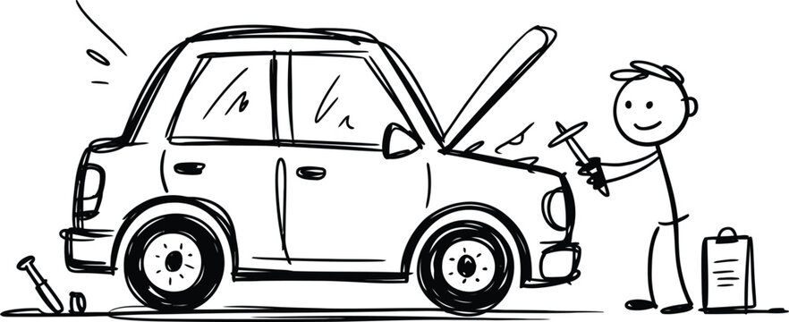 A cartoon mechanic holding a tool while inspecting the engine of a broken down vehicle