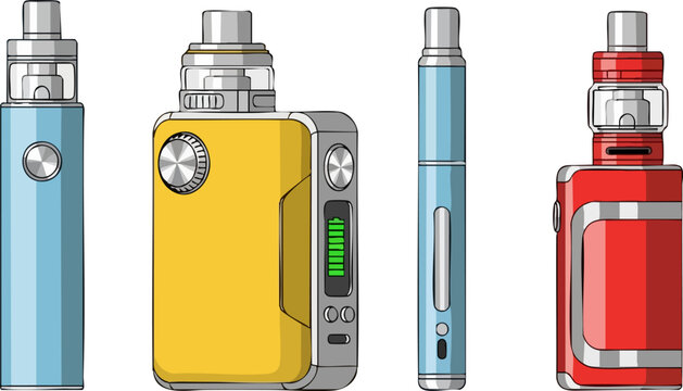 Electronic cigarette collection with vape mods and pens, set of 4 colorful vaping devices, modern e-cigarette vector illustrations for retail