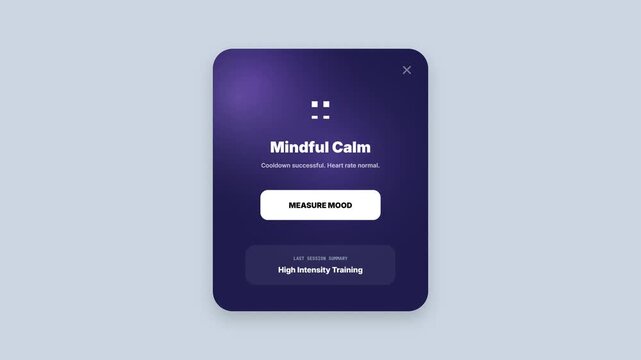 Mental health application interface displaying mindful calm session summary after high intensity training workout