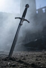 Obraz premium Medieval sword stuck in ground. Knight steel weapon on battlefield background. Historical concept of war, bravery and conquest. Epic ancient warrior accessory for fantasy cinematic style.