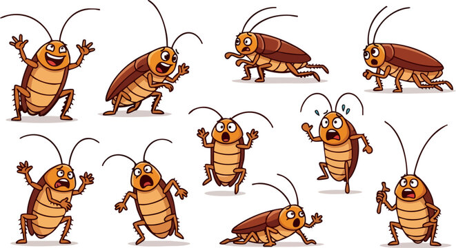 Cartoon cockroach character set with 10 poses, funny brown roach mascot collection, pest control mascot illustrations in various emotions