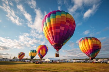 Obraz premium Colorful hot air balloons ascend in a family park