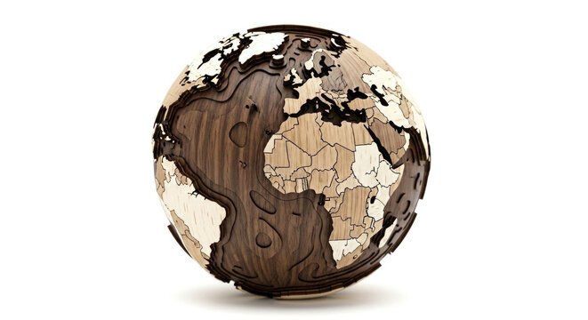 Detailed 3D Wooden Globe with Layered Topographic Relief Map, Isolated on White Background