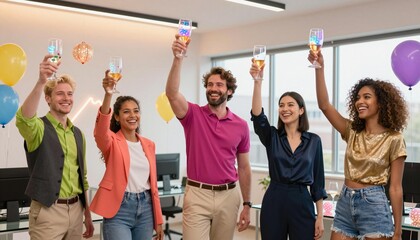 Fototapeta premium Diverse group of coworkers in a modern office raising glasses in a joyful team celebration with balloons and casual business attire