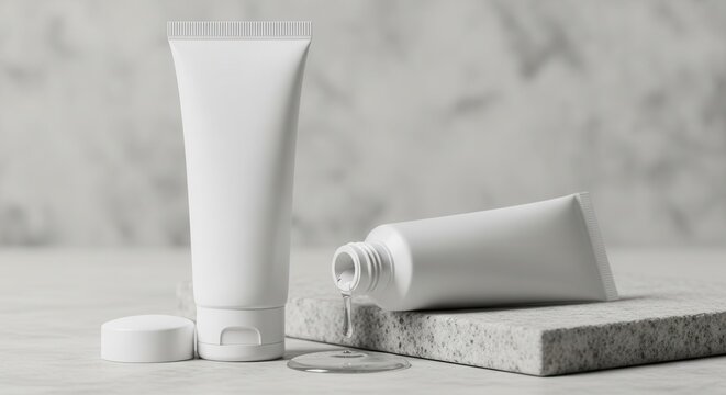 Elegant cosmetic mockup featuring matte plastic lotion tubes dripping with clear hydrating liquid serum placed on a minimalist stone surface for elegant makeup advertising.