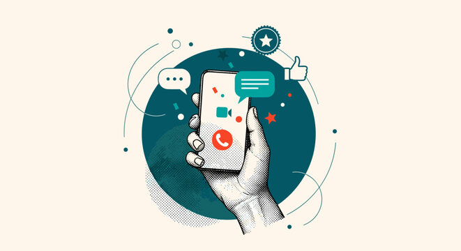 Graphic Illustration of Hand Holding Phone with Notifications and Social Icons