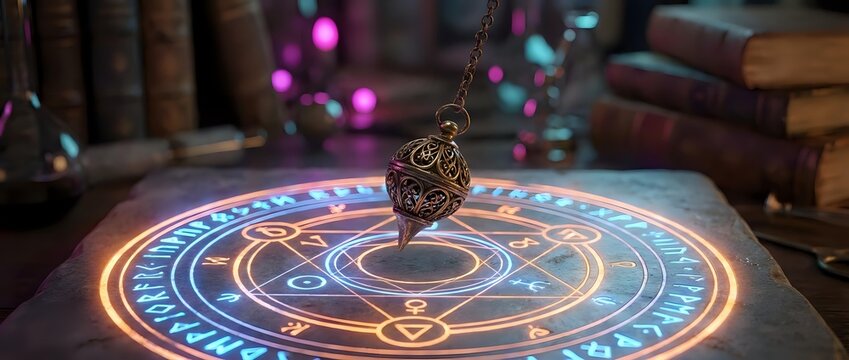 Mystical pendulum swinging over glowing magical circle with ancient symbols and runes in fantasy setting for divination and spiritual guidance practices.