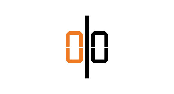 modern graphic design with stylized orange and black o or zero shapes separated by a vertical line representing digital technology.