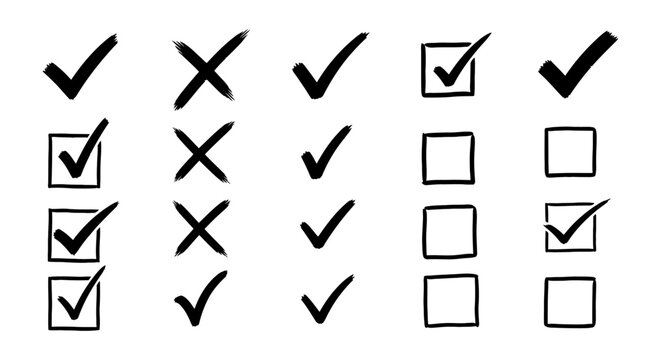 collection of hand-drawn checkmarks and x marks in boxes simple icons