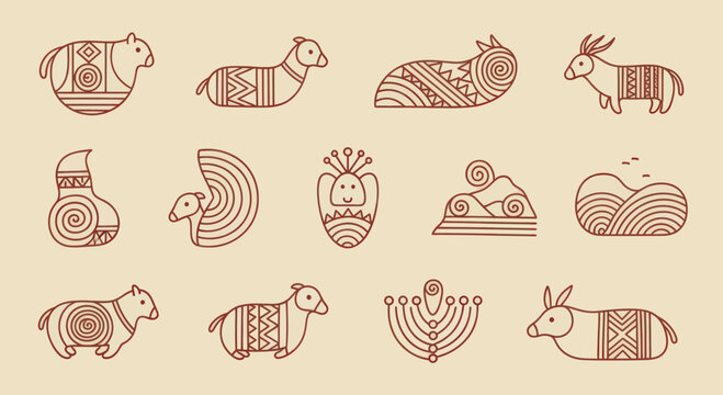 Collection of stylized animal illustrations with tribal patterns.