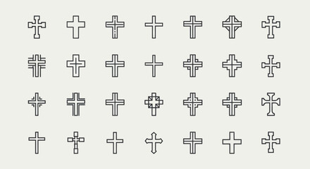Obraz premium Collection of various outlined Christian cross symbols in a grid.