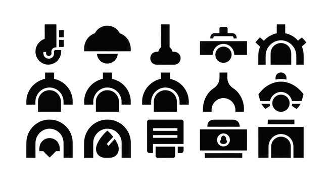 Collection of various oven and furnace icons in a solid black style.