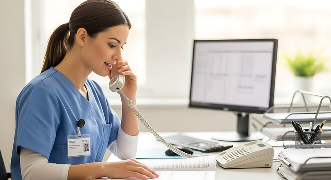 Nurse on Phone at Desk with Computer and Patient Records.
