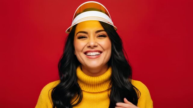 Woman in yellow sweater smiling playfully.