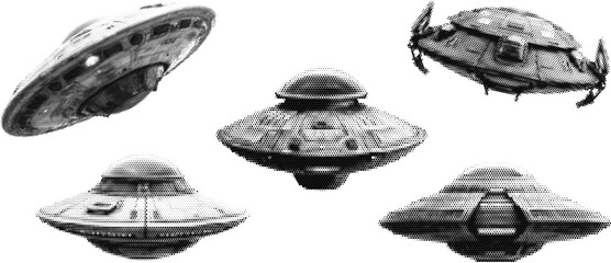 Retro futuristic ufo designs in halftone aesthetic. Vector png isolated on transparent halftone © Business Image