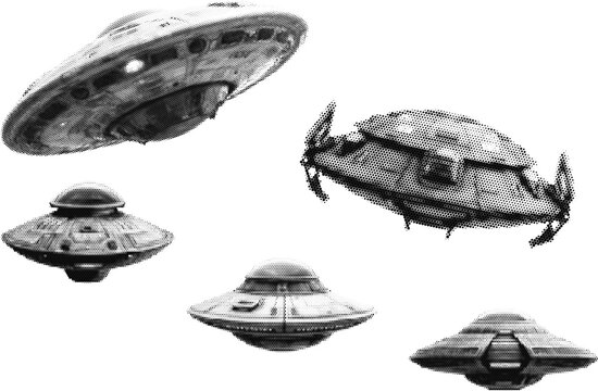 Retro futuristic sci-fi spaceship illustrations in halftone style. Vector png isolated on transparent halftone