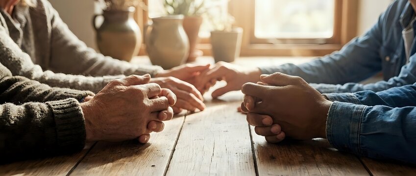 Elderly couple holding hands across wooden table in warm sunlight streaming through window creating intimate moment of love and connection in cozy home setting.