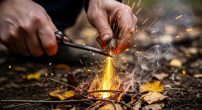 Close-up of hands striking a ferro rod to ignite tinder for a campfire.