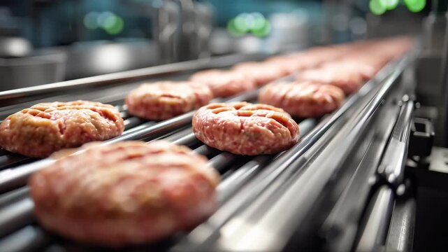 Production process of hamburgers on a conveyor belt in a factory with close-up views