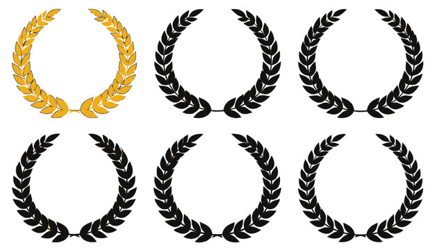 Collection de six couronnes de laurier &eacute;l&eacute;gantes avec un embl&egrave;me dor&eacute; et cinq silhouettes noires isol&eacute;es sur fond blanc pour symboliser le succ&egrave;s.