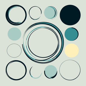 Ensemble d'&eacute;l&eacute;ments graphiques circulaires avec des traits de pinceau et des formes pleines dans une palette de couleurs bleu canard et cr&egrave;me.