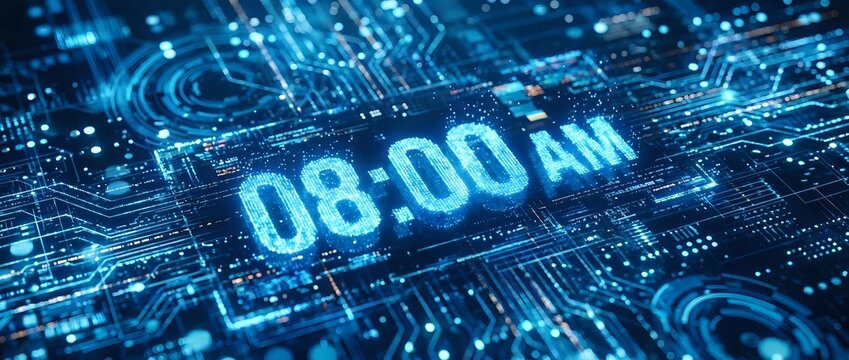 Digital clock display showing 08:00 AM on futuristic blue circuit board with glowing electronic pathways and data streams for technology presentations.