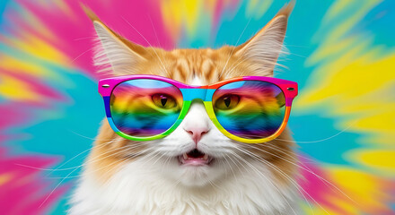 Fototapeta premium A cat wearing colorful sunglasses on a psychedelic background.