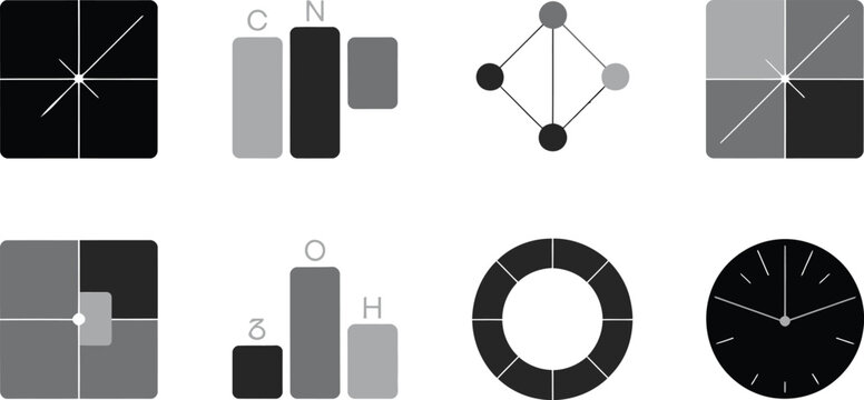 Minimalist geometric icons and scientific diagrams set including molecular structures and time measurement clock symbols