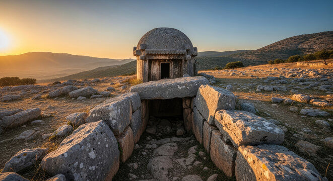 Ancient beehive tomb of Elaiussa Sebaste at sunset historical burial chamber with stone ruins archeological site in Sicily Italy
