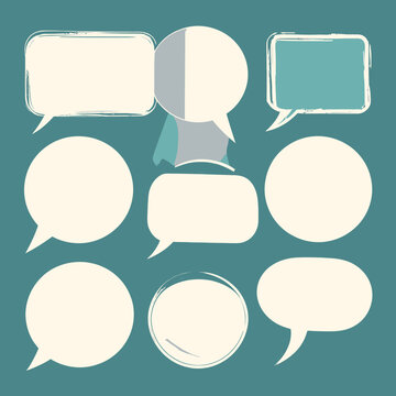 Ensemble de bulles de dialogue et de cadres de texte de styles vari&eacute;s sur fond bleu canard, id&eacute;al pour les projets cr&eacute;atifs et sociaux.