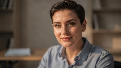 Obraz premium Medium shot of single subject in office setting with key light highlighting facial features subtle fill softening shadows and backlight creating depth against a neutral backdrop.