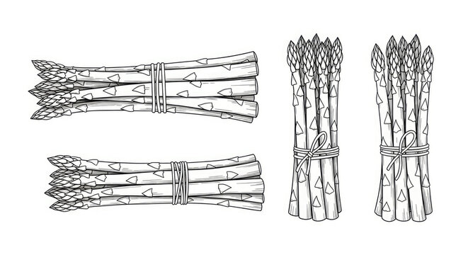 Hand-drawn bundles of fresh green asparagus spears tied with twine in monochrome illustration for culinary and healthy eating projects