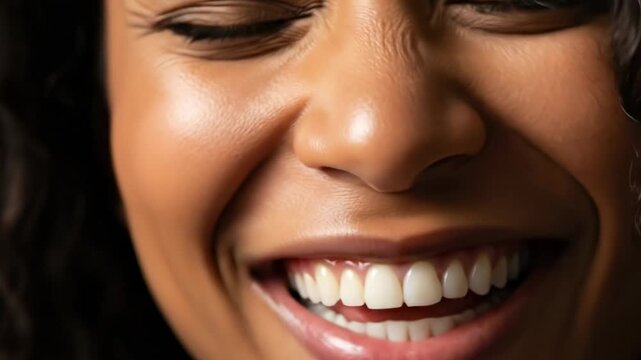Close up of a happy woman laughing with eyes closed.