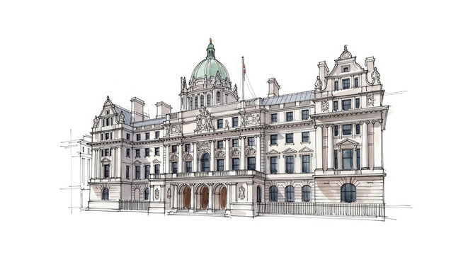 Sketch of HM Treasury Building a historical government building with a central dome and symmetrical facade in London UK
