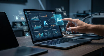 Obraz premium A person interacting with a laptop displaying various data and AI-related graphics in a modern workspace