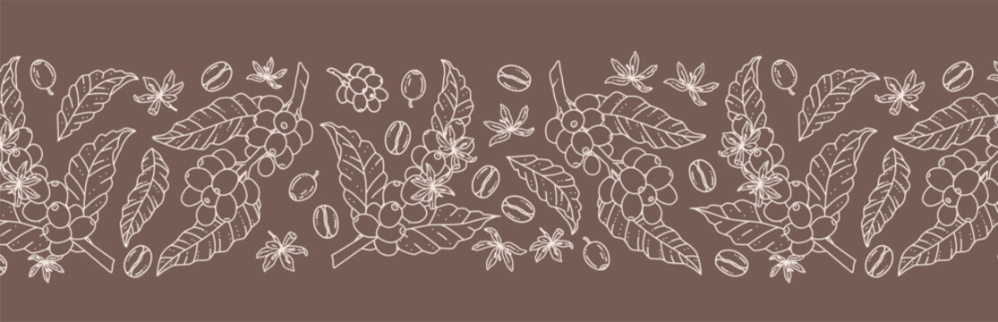 Elegant seamless coffee plant border with line‑drawn branches, leaves, cherries and beans on brown background; refined botanical motif ideal for packaging labels branding textile and decorative design