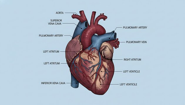 Detailed Anatomical Heart Diagram with Labeled Vessels and Chambers